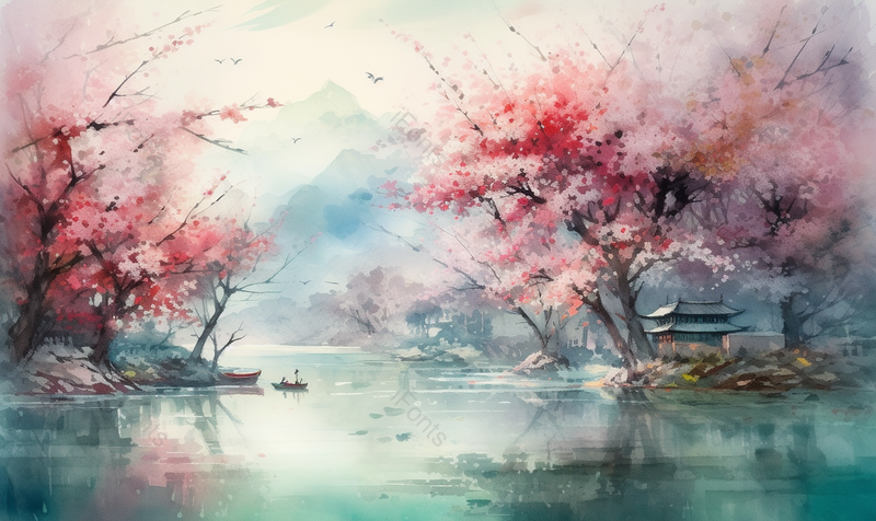 写意丹青桃林湖面亭台国风背景,插画/手绘图,插画/手绘图库,插画/手绘图下载,插画/手绘